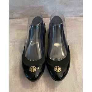Tory Burch Flats Womens 8M Black Patent Leather Gold Tone Logo Ballet